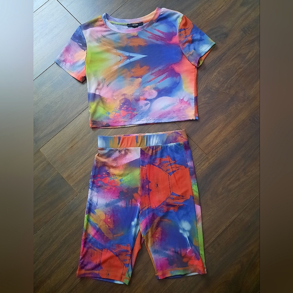 Abstract Paint Mesh Biker Short Rave Set